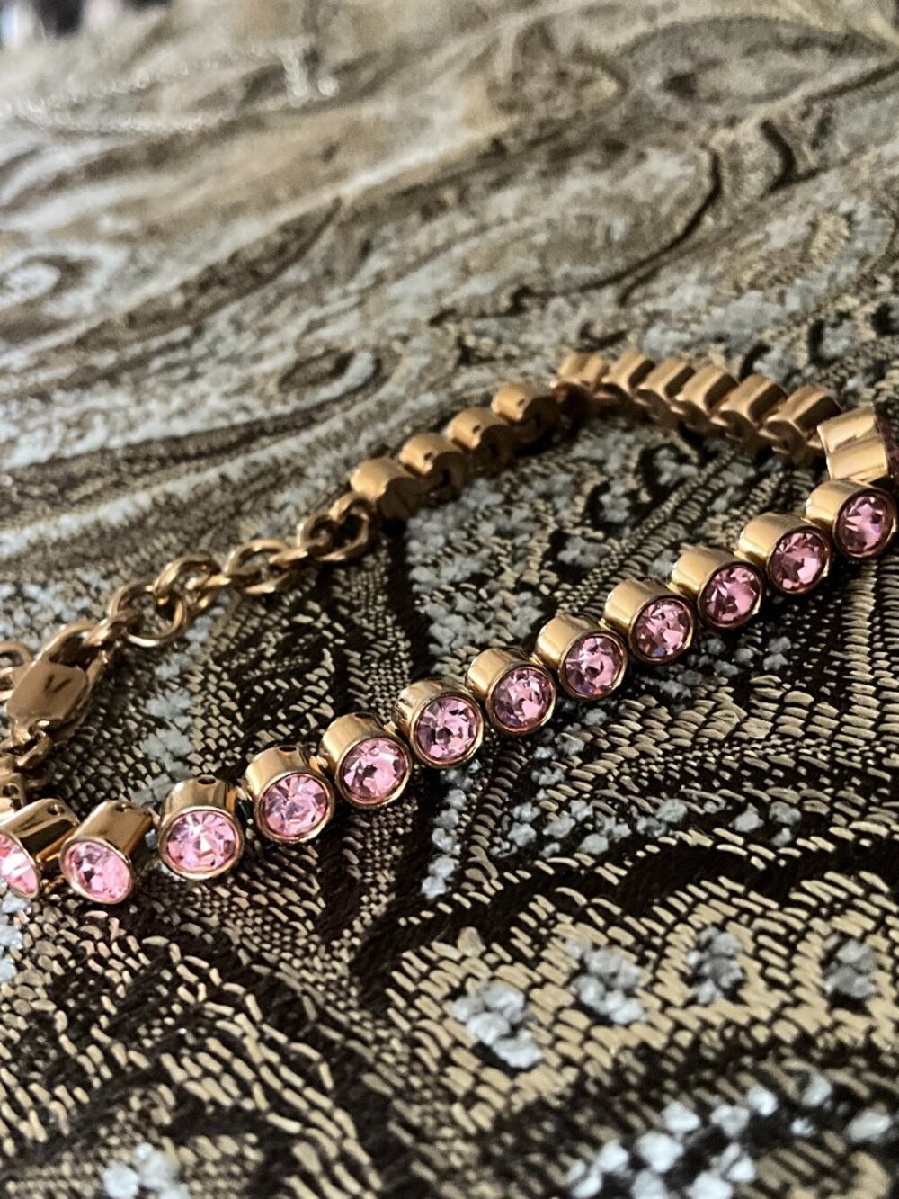 Dyrberg/Kern Pink Crystal Tennis Bracelet | Gold Tone Adjustable Bracelet